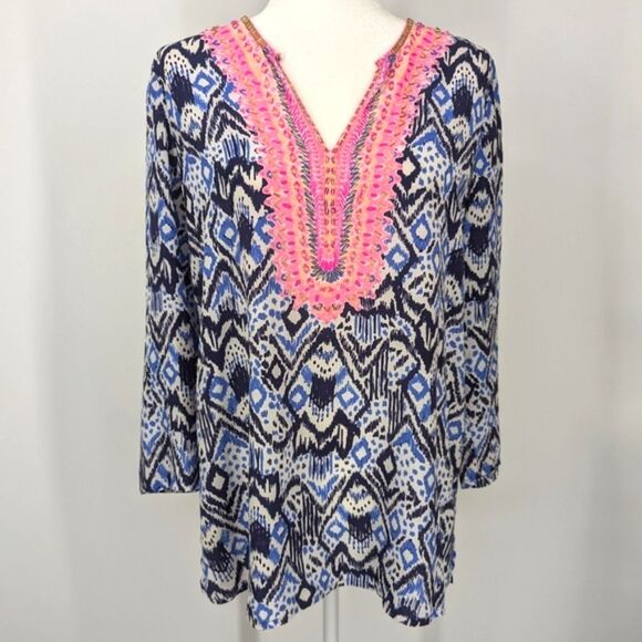 Lilly Pulitzer Beaded 100% Silk Pink Blue Renato Dinner Tunic Oh My Cod Large - Picture 4 of 15
